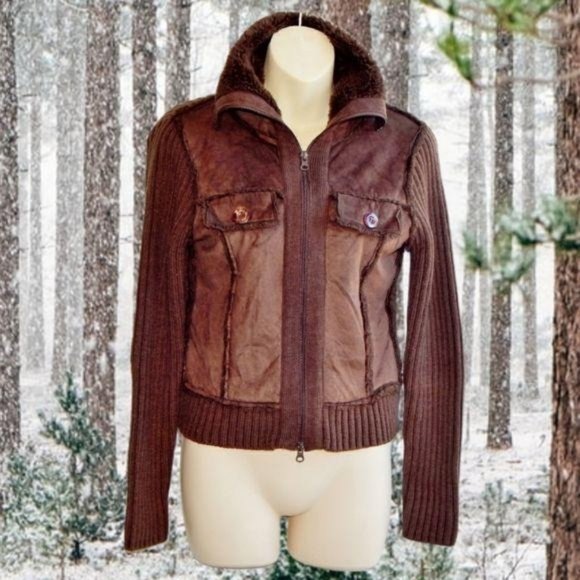 Vintage JJ BASICS Brown Multimedia Rib Knit Sherpa Faux Suede Sweater - Picture 1 of 5